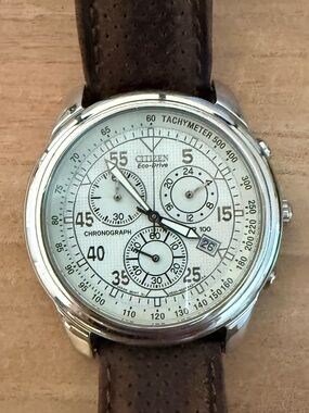 Citizen Men’s Eco-Drive Chronograph Watch Stainless Steel Leather Strap